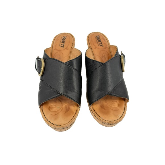 Børn Shoes - Børn Cork Wedge Leather Slip On‎ Sandals Womens Size 7M Black Gold Buckle Accent